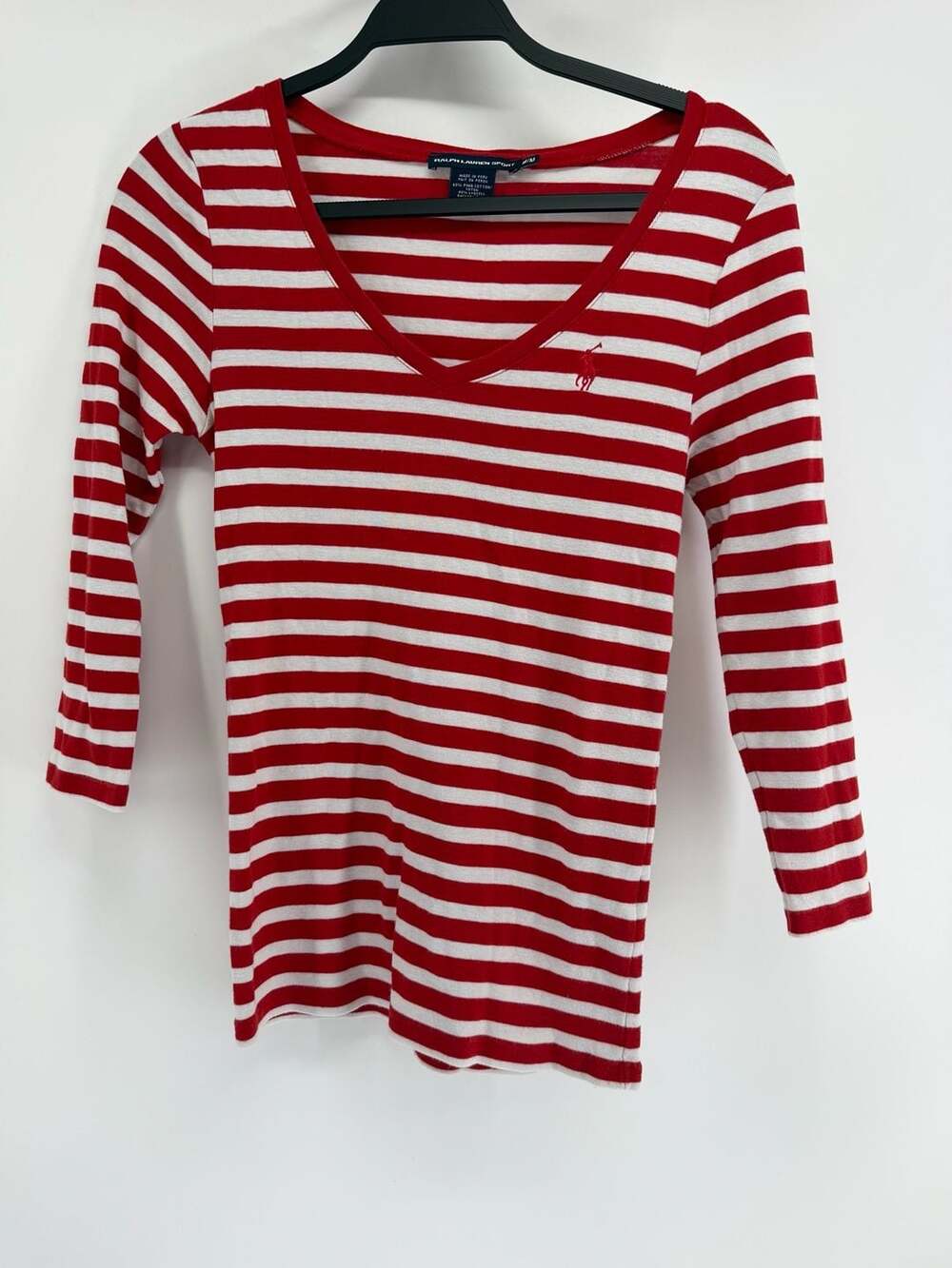 Ralph Lauren Sport Red & White Stripe V-Neck Top M Preppy Coastal